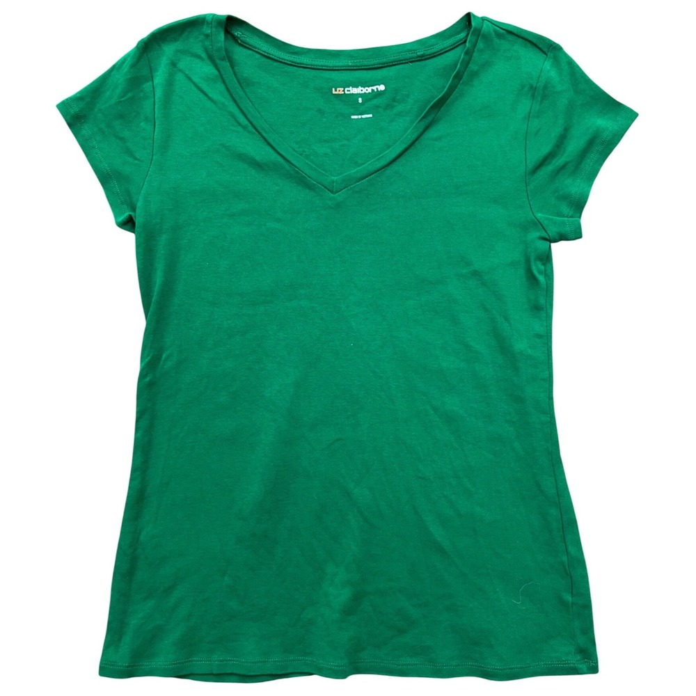 Liz Claiborne V-Neck T-Shirt Womens Small Green Short Sleeve Cotton Basic Tee